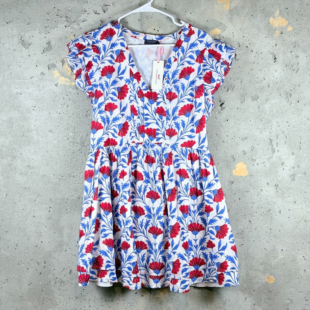 Vineyard Vines Harper Floral Mini Dress L Multi Pintuck Flutter Sleeve 2Q011789